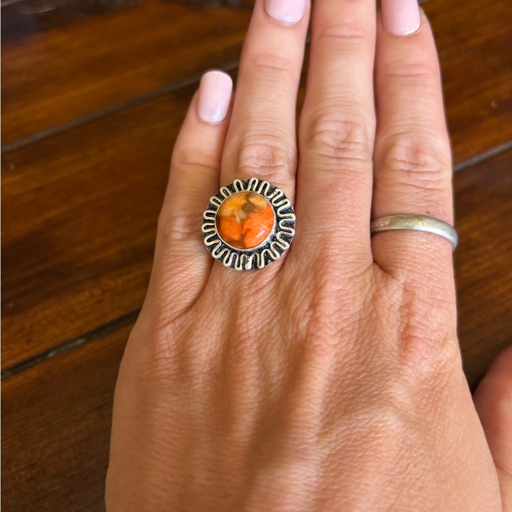 Vibrant Orange Silver Sunburst Ring- handmade- sterling silver